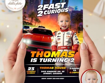 Two Fast 2 Curious Birthday Photo Invitation, Race Car Second Birthday (Digital Download)