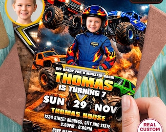 May include: A digital birthday invitation card featuring a child in a racing suit and helmet, surrounded by monster trucks on a dirt track. The text reads: Get ready for a monster bash! Thomas is turning 7, Sun 29 Nov, Thomas House, 1234 Street Address.