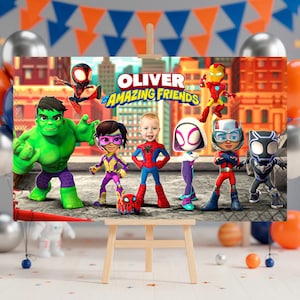 May include: A vibrant banner with the text "Oliver & Amazing Friends" and cartoon superheroes. The banner is displayed on a wooden easel, with balloons and party decorations in the background.