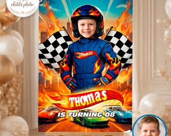 Race Car Welcome Sign with Photo, Fast Car Theme Kids Birthday Decoration (Digital Download)