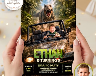 Dinosaur Adventure Birthday Invitation with Photo, Jurassic Jeep Party Invite (Digital Download)