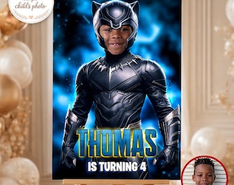 Superhero Panther Birthday Welcome Sign with Photo, Hero Party Poster (Digital Download)