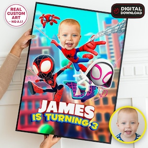 May include: A framed digital download featuring a child's face superimposed on Spider-Man characters. The poster has a vibrant blue background with the text "JAMES IS TURNING 3". A small inset photo of the child is in the lower right corner.