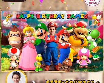 マリオの誕生日バナー（写真付き）、スーパーマリオパーティー用背景幕、パーソナライズされたデジタルダウンロード