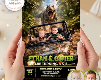 Joint Dinosaur Birthday Invitation with Photo, Siblings or Friends Jurassic Party Invite (Digital Download)