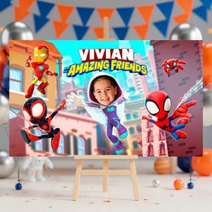 May include: A vibrant poster on a wooden easel displays the text "Vivian and the Amazing Friends" alongside cartoon superheroes, such as Iron Man and Spider-Man. The background includes a cityscape and party decorations.