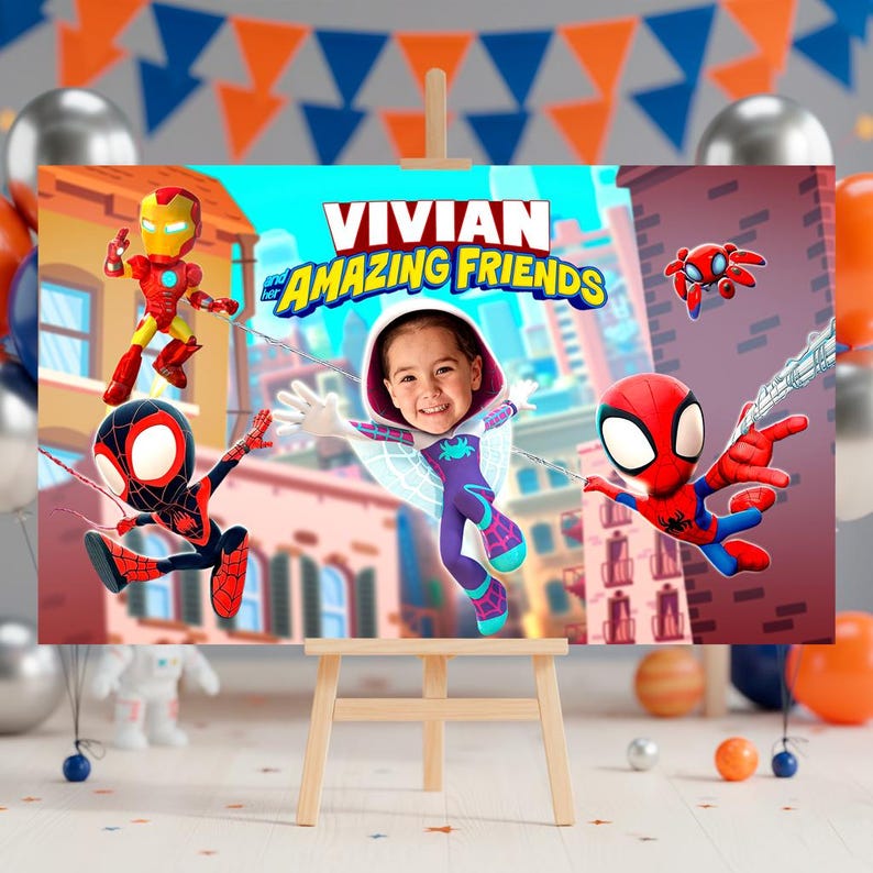 May include: A vibrant poster on a wooden easel displays the text "Vivian and the Amazing Friends" alongside cartoon superheroes, such as Iron Man and Spider-Man. The background includes a cityscape and party decorations.