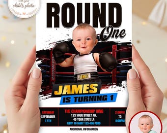 Black Round One Birthday Photo Invitation, Baby Boxer 1st Birthday Party Invite (Digital Download )