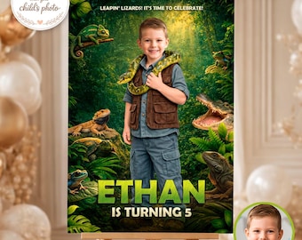 Reptile Birthday Welcome Sign with Photo, Lizard Jungle Party Poster Personalized (Digital Download)