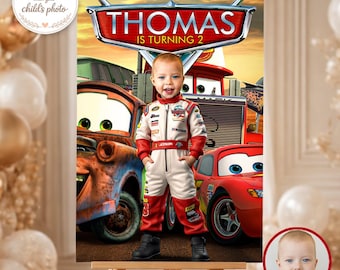 Race Cars Birthday Welcome Sign with Photo, Personalized Fast Cars Party Poster (Digital Download)