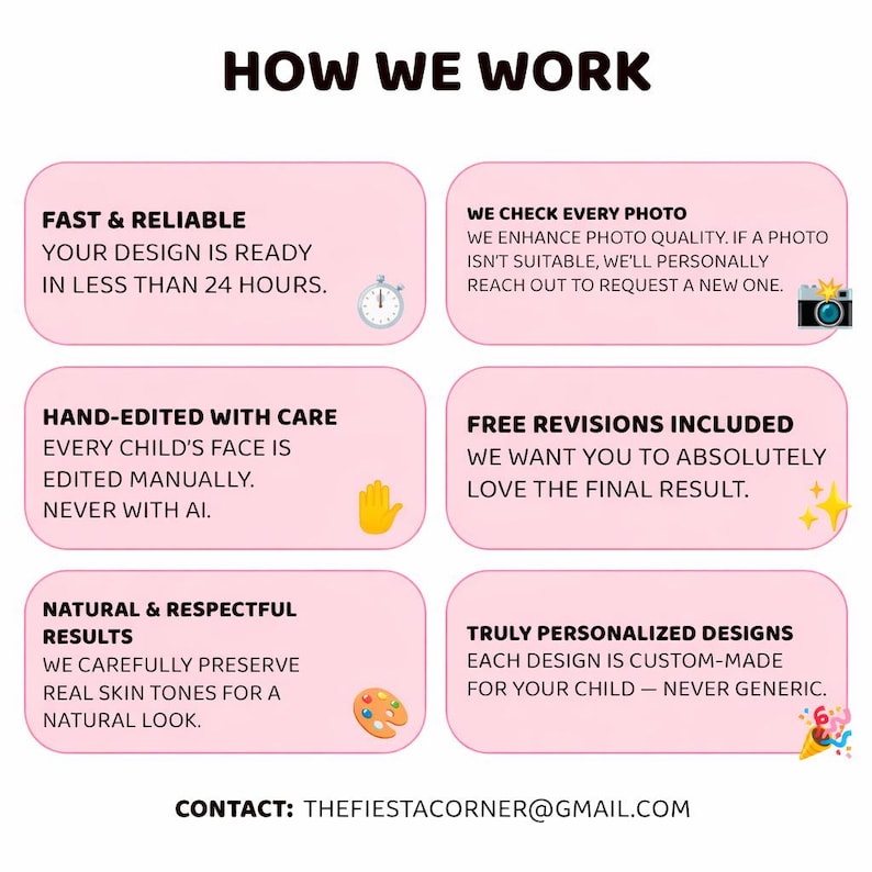 May include: A graphic titled "HOW WE WORK" with pink boxes explaining the process. Text includes "Fast & Reliable," "Hand-edited with care," "Natural & Respectful Results," and contact details for the business.