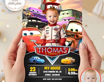 Race Cars Birthday Invitation with Photo, Cartoon Racing Party Invite (Digital Download )