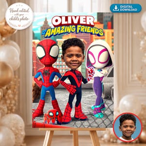 May include: A personalized poster featuring the text "Oliver and his Amazing Friends" with cartoon illustrations of Spider-Man, a Spider-Man variant, and Spider-Gwen. The poster includes a photo of a young boy and is displayed on an easel.