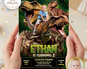 Dinosaur 2nd Birthday Invitation with Photo, Jurassic Party Invite for Toddler Boy (Digital Download)