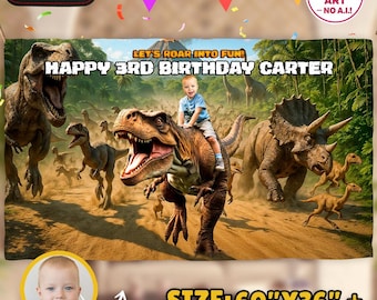 Dinosaur Birthday Banner with Photo, Jurassic Party Backdrop for Kids (Digital Download)