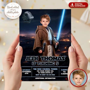May include: A digitally designed birthday invitation featuring a young boy dressed as a Jedi, holding a glowing blue lightsaber. The invitation includes the text "Jedi Thomas is Turning 5" and event details. The background shows a space scene.