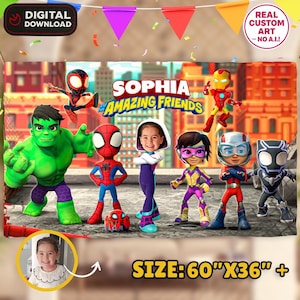 May include: A digital backdrop featuring a group of cartoon superheroes including Hulk, Spider-Man, Iron Man, and Black Panther. The text reads Sophia and his Amazing Friends. A small inset photo shows a child. The banner measures 60 inches by 36 inches.