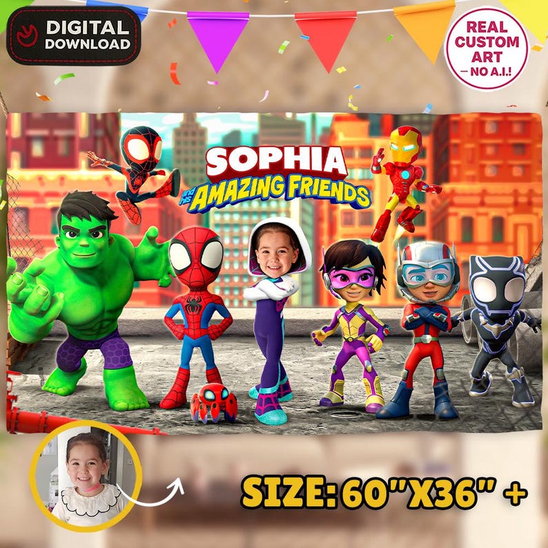 May include: A digital backdrop featuring a group of cartoon superheroes including Hulk, Spider-Man, Iron Man, and Black Panther. The text reads Sophia and his Amazing Friends. A small inset photo shows a child. The banner measures 60 inches by 36 inches.