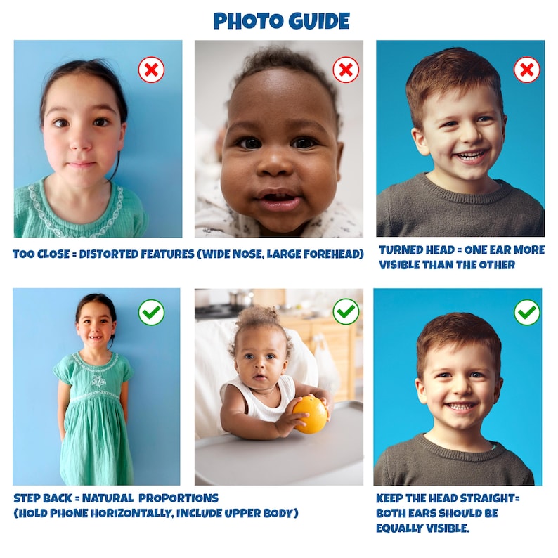 May include: A photography guide with examples of good and bad portrait shots. The text provides tips on taking good photos, including stepping back for natural proportions and keeping the head straight. The guide also shows examples of what to avoid when taking photos.