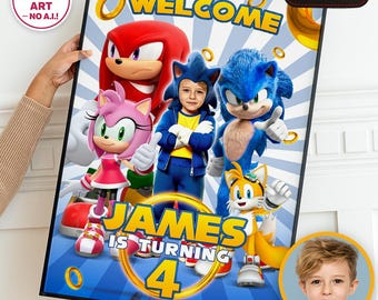 Sonic Birthday Welcome Sign with Photo, Personalized Sonic Party Poster (Digital Download)