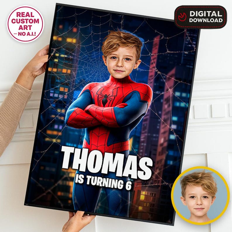 May include: A rectangular digital poster featuring a child with light brown hair wearing a red and blue superhero costume with a spider emblem. The background shows a city at night with a spiderweb overlay. Text reads: THOMAS IS TURNING 6.