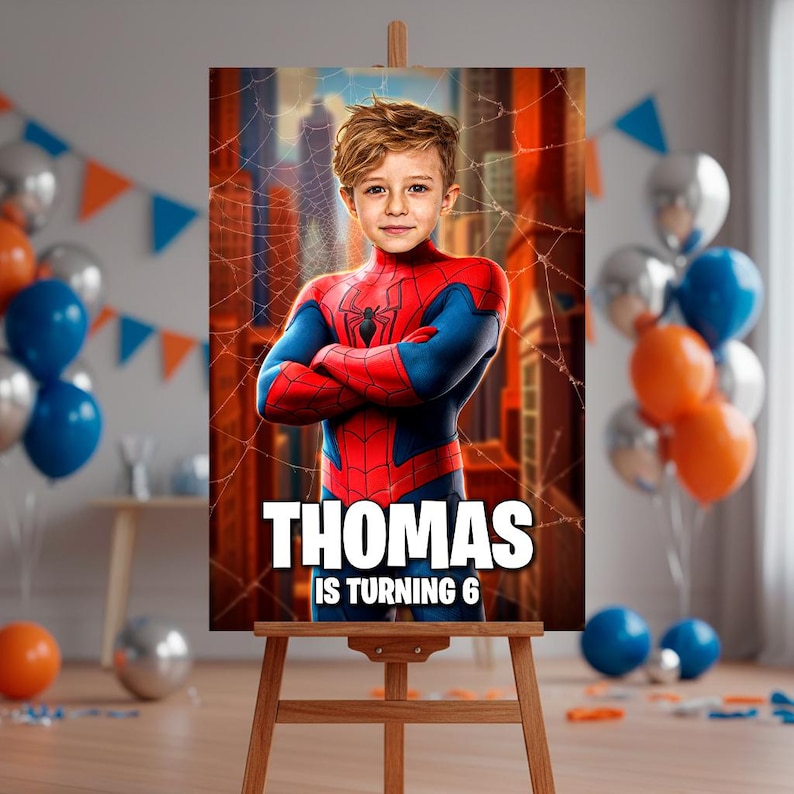 Peut inclure: Un chevalet en bois pr&eacute;sente une affiche avec un gar&ccedil;on en costume de Spider-Man. Le texte "THOMAS IS TURNING 6" est affich&eacute; en blanc. L'arri&egrave;re-plan comprend une ville et des toiles d'araign&eacute;es.