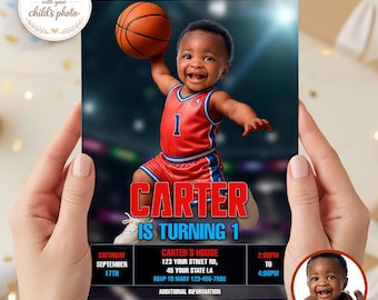 Basketball First Birthday Invitation with Photo, Baby Boy Sports Party Invite (Digital Download)