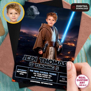 May include: A digital invitation card featuring a child dressed in a brown robe holding a glowing blue lightsaber. The background shows a dark landscape with a planet. Text reads: JEDI THOMAS IS TURNING 5, SATURDAY SEPTEMBER 17TH, THE HIGH COUNCIL TOWER.