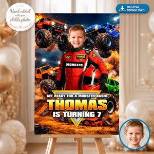 May include: A personalized birthday poster featuring a young boy in a red racing suit, holding a helmet, with monster trucks in the background. The poster reads "THOMAS IS TURNING 7" and "GET READY FOR A MONSTER BASH!"