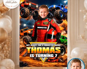 Monster Truck Birthday Welcome Sign with Photo, Monster Bash Party Backdrop Personalized (Digital Download)