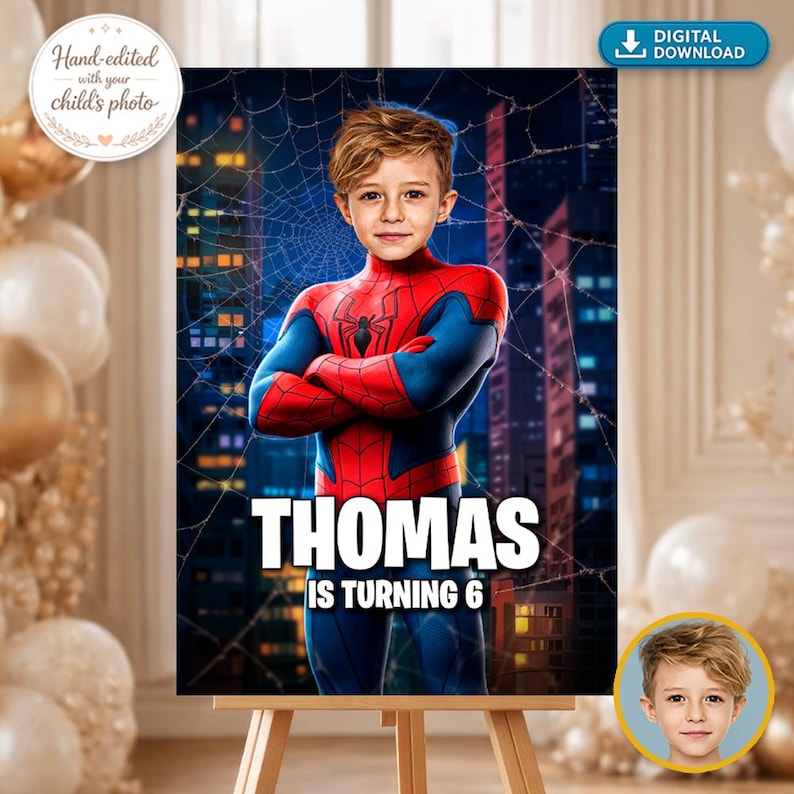 May include: A digital download poster featuring a child with light brown hair wearing a red and blue superhero costume with a spider emblem. The background shows a city skyline at night with spiderwebs. Text reads: THOMAS IS TURNING 6.