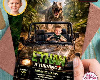 Dinosaur Adventure Birthday Invitation with Photo, Jurassic Jeep Party Invite (Digital Download)