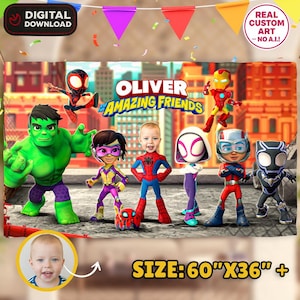 May include: A digital download banner with superhero characters and a child's photo, with the text "OLIVER AMAZING FRIENDS". The banner measures 152cm x 91cm and includes the text "REAL CUSTOM ART - NO A.I.!"