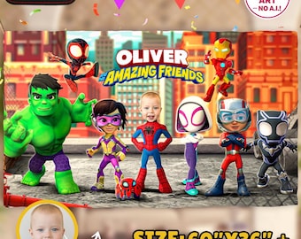 Spidey Birthday Banner with Photo, Superhero Party Backdrop, Personalized Digital Download