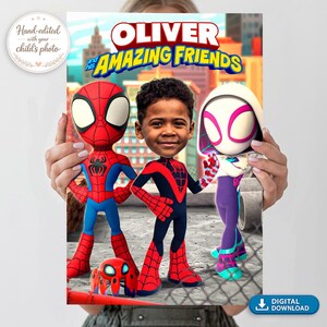 May include: A poster featuring the text "OLIVER and his AMAZING FRIENDS" with cartoon illustrations of Spider-Man, a child, and Spider-Gwen. The poster has a cityscape background and a digital download button.