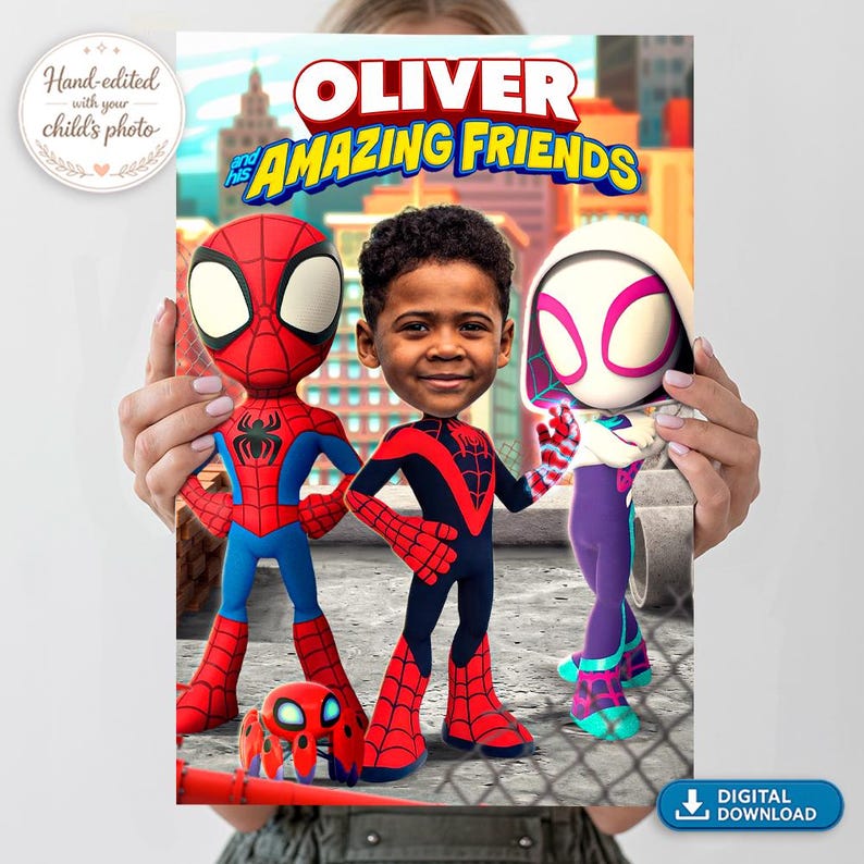 May include: A poster featuring the text "OLIVER and his AMAZING FRIENDS" with cartoon illustrations of Spider-Man, a child, and Spider-Gwen. The poster has a cityscape background and a digital download button.