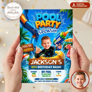 Inbjudan till födelsedagsfest med splash pool och foto, inbjudan till vattenpistolfest (digital nedladdning)