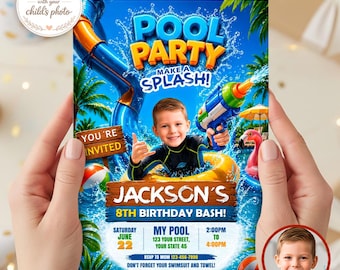 Splash Pool Party Birthday Invitation with Photo, Water Gun Party Invite (Digital Download)
