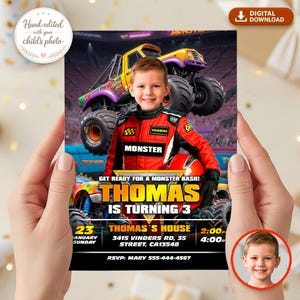 May include: A personalized birthday invitation featuring a young boy in a red racing suit, with a monster truck graphic. The invitation includes the text "THOMAS IS TURNING 3" and event details. The invitation is a digital download.