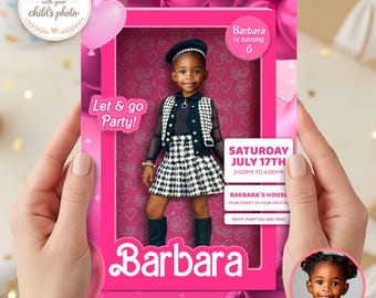 Doll Box Photo Invitation, Pink Fashion Girl Birthday Invite (Digital Download)