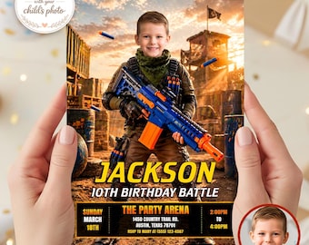 Foam Blaster Birthday Invitation with Photo, Action Battle Party Invite (Digital Download)