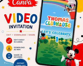 Mouse Birthday Video Invitation Editable in Canva, Cartoon Kids Party Invite, Instant Download