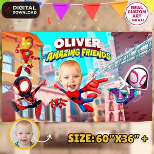 Peut inclure: Une banni&egrave;re personnalis&eacute;e avec le texte "OLIVER et ses AMAZING FRIENDS" et le visage d'un enfant int&eacute;gr&eacute; dans un th&egrave;me Spider-Man. La banni&egrave;re comprend des illustrations d'Iron Man, Spider-Man et Spider-Gwen. La banni&egrave;re mesure 152 cm x 91 cm.