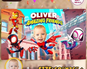 Spidey Party Banner with Photo, Superhero Birthday Backdrop, Personalized Digital Download
