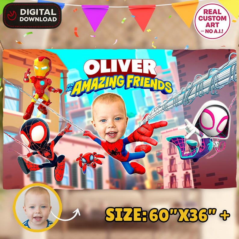 Peut inclure: Une banni&egrave;re personnalis&eacute;e avec le texte "OLIVER et ses AMAZING FRIENDS" et le visage d'un enfant int&eacute;gr&eacute; dans un th&egrave;me Spider-Man. La banni&egrave;re comprend des illustrations d'Iron Man, Spider-Man et Spider-Gwen. La banni&egrave;re mesure 152 cm x 91 cm.