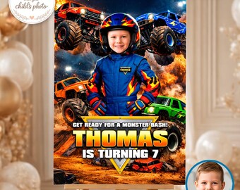 Poster d'anniversaire de Monster Truck avec photo, personnalisé pour chauffeur de casque de camionneur (téléchargement numérique)