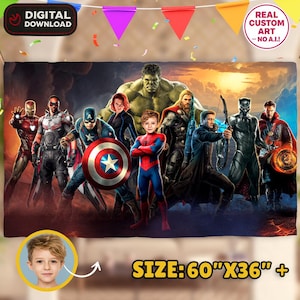 May include: A digitally created superhero-themed blanket featuring Captain America, Iron Man, Spider-Man, and other Avengers characters. The blanket is 60" x 36" and includes the text "DIGITAL DOWNLOAD" and "REAL CUSTOM ART - NO A.I.!"