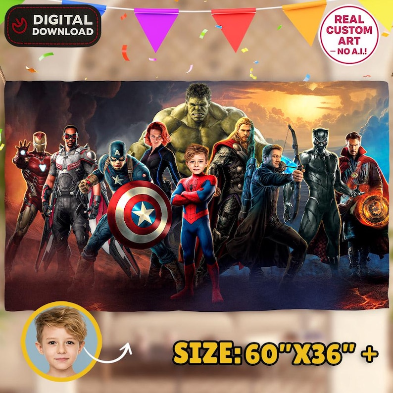May include: A digitally created superhero-themed blanket featuring Captain America, Iron Man, Spider-Man, and other Avengers characters. The blanket is 60" x 36" and includes the text "DIGITAL DOWNLOAD" and "REAL CUSTOM ART - NO A.I.!"