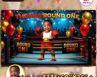 ボクシング1歳の誕生日バナー（写真付き）、第1ラウンド誕生日パーティー背景幕、パーソナライズされたデジタルダウンロード