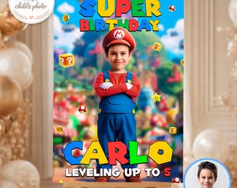 マリオのウェルカムサイン（写真付き）、スーパーマリオパーティポスター、パーソナライズされたデジタルダウンロード